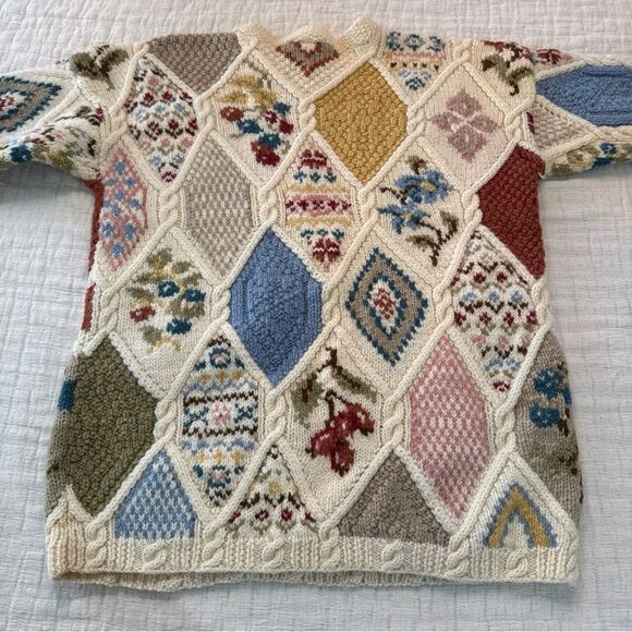 Laura Ashley 90’s Patchwork Chunky Sweater Small 100% Wool Cottage Core Whimsy - Picture 8 of 9